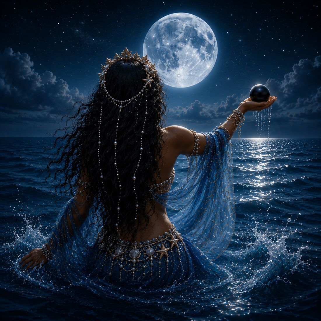 Yemayá en el mar bajo la luna llena sosteniendo una perla negra